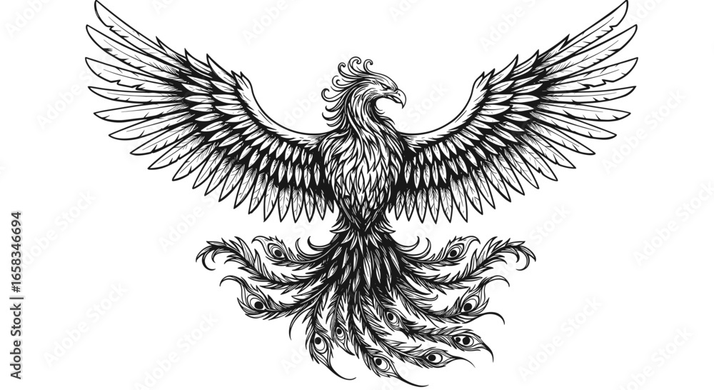 Obraz premium Detailed sketch of a phoenix with its wings fully extended