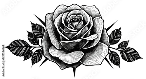 Detailed monochrome rose with leaves and sharp thorns around
