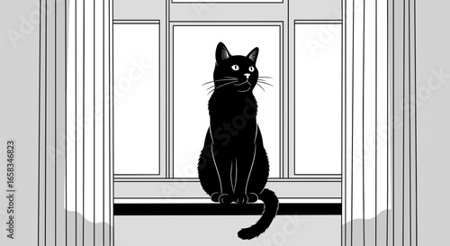 A black cat sitting on a windowsill looking out the window
