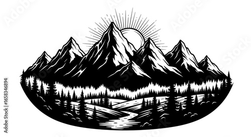 Illustration of mountains with trees and a rising sun design