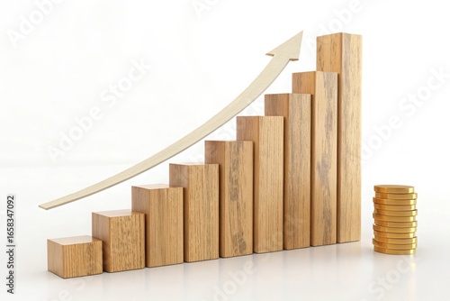 Wooden blocks graph showing upward financial growth and stacked coins