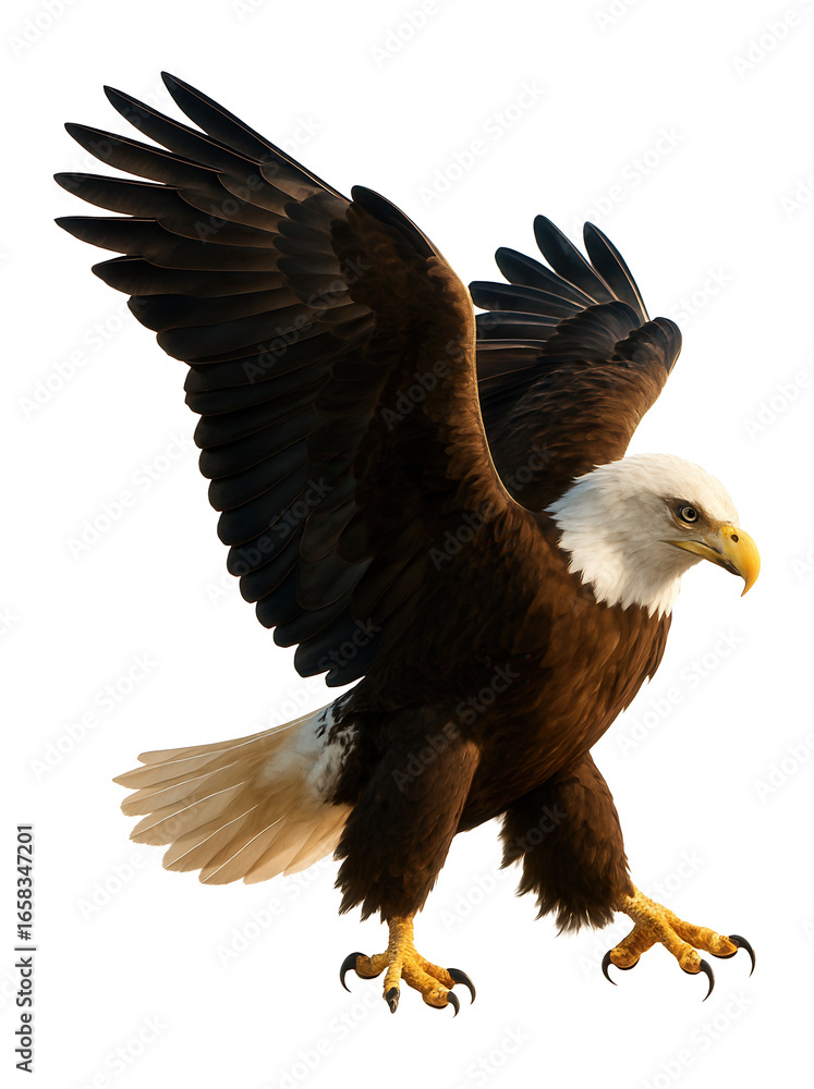 Obraz premium Majestic bald eagle mid-jump with wings slightly open in a heroic pose.