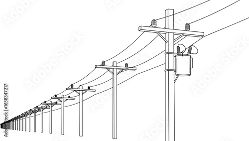 Utility poles vector, power lines drawing, electrical infrastructure, transformer, energy distribution, grid system, black and white, engineering, rural