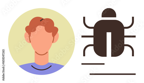 Abstract profile of a person next to a bug icon symbolizing digital errors or cybersecurity concerns. Ideal for technology, hacking prevention, malware, IT, risk management, online safety, simple