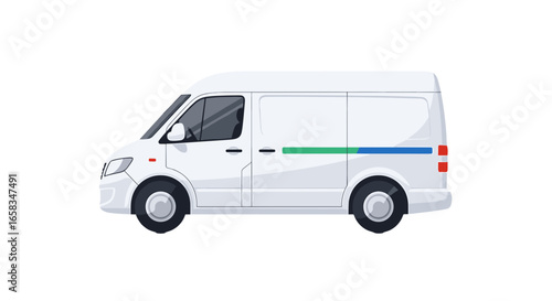 Side view of a white delivery van with a green and blue stripe on a white background isolated image on transparent background