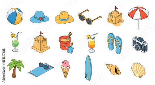 Illustration of various beach themed items including sandcastles and summer accessories displayed nicely on transparent background