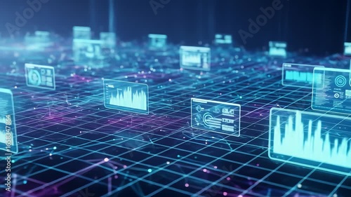 Futuristic holographic dashboard with glowing financial data and analytics visualization