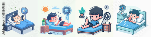 Isometric Pixel Illustration of Man Relaxing in Bed During Hot Summer Day
