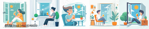 Flat Illustration Young People Relaxing Near Window with Beverages Drink Illustration
