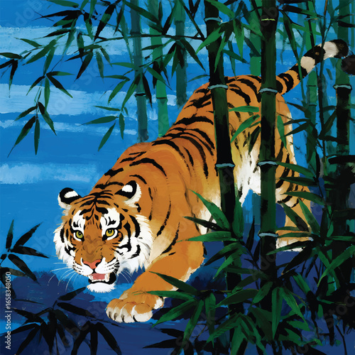 Obraz na plátně Siberian Tiger in Bamboo Forest Design Template with Blue Background Illustratio