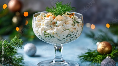 Classic festive Russian herring salad served in an elegant glass, garnished with fresh dill, vintage holiday table decor, blue concrete background