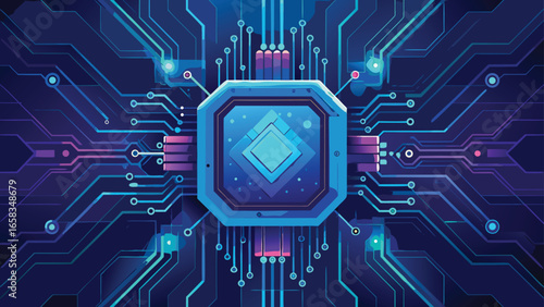 Detailed view of a circuit board with a blue background, highlighting various electronic elements and pathways..eps