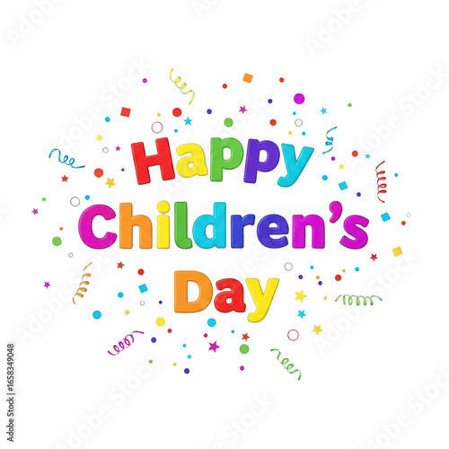 Colorful happy children s day text with confetti and streamers isolated on transparent background