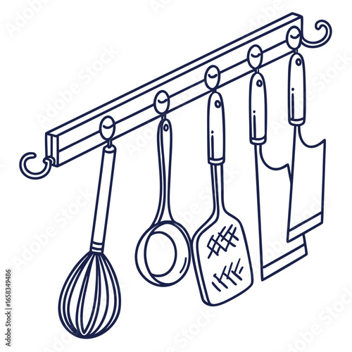 Hand drawn illustration of kitchen utensils including a whisk ladle spatula and cleavers hanging on a rack