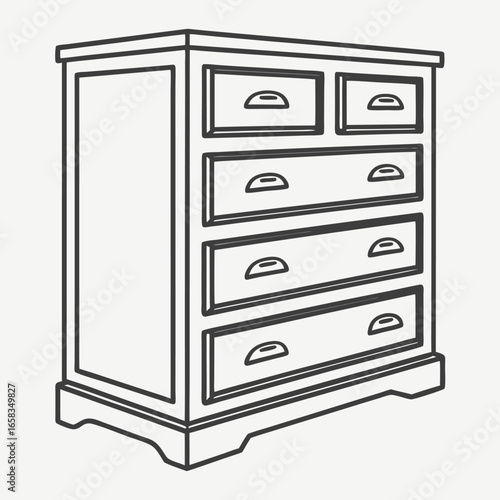 Classic wooden dresser with six drawers and elegant carved handles in a simple line art illustration
