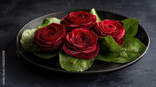 Contemporary beet salad garnished with pancake roses arranged as a bouquet an eye-catching culinary creation blending rich flavors and modern design