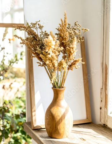 Dried grasses in wooden vase, natural light