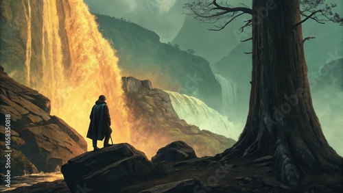 Lone wanderer gazes at a fiery waterfall in a mystical forest