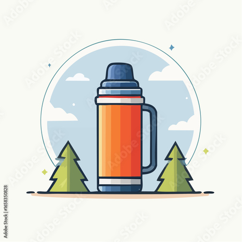 Orange Thermos Bottle Illustration With Trees And Sky Background