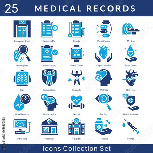Medical Records icon set collection in solid glyph style. an icon pack contain  xray, immunization, immunity, wellness, heart rate, blood pressure, mental health, exercise, eye test