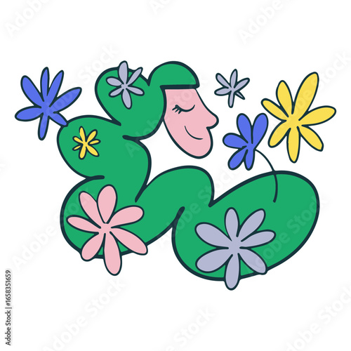 Cartoon of a woman with flowers in her hair