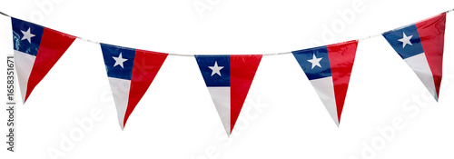 String of triangular chilean flags hanging against a white background, celebrating chilean national holidays