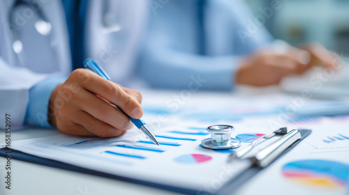 A healthcare professional analyzes data and graphs to make informed decisions in a clinical environment, representing modern healthcare.