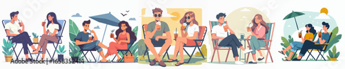 Flat Illustration of People Relaxing at Outdoor Beach Chair Activity Lifestyle