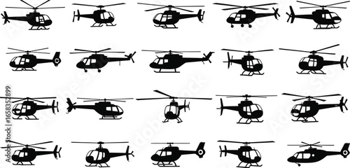 Collection of helicopter silhouettes for design, transport, and aviation