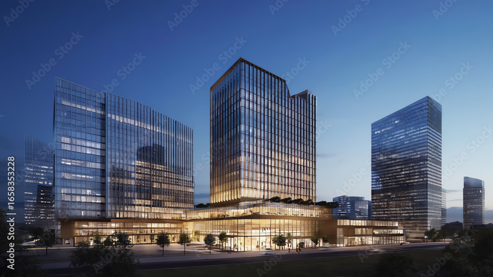 Naklejka premium A stunning modern skyscraper landscape showcasing innovative architecture at dusk, illuminated by warm lights and a vibrant skyline.