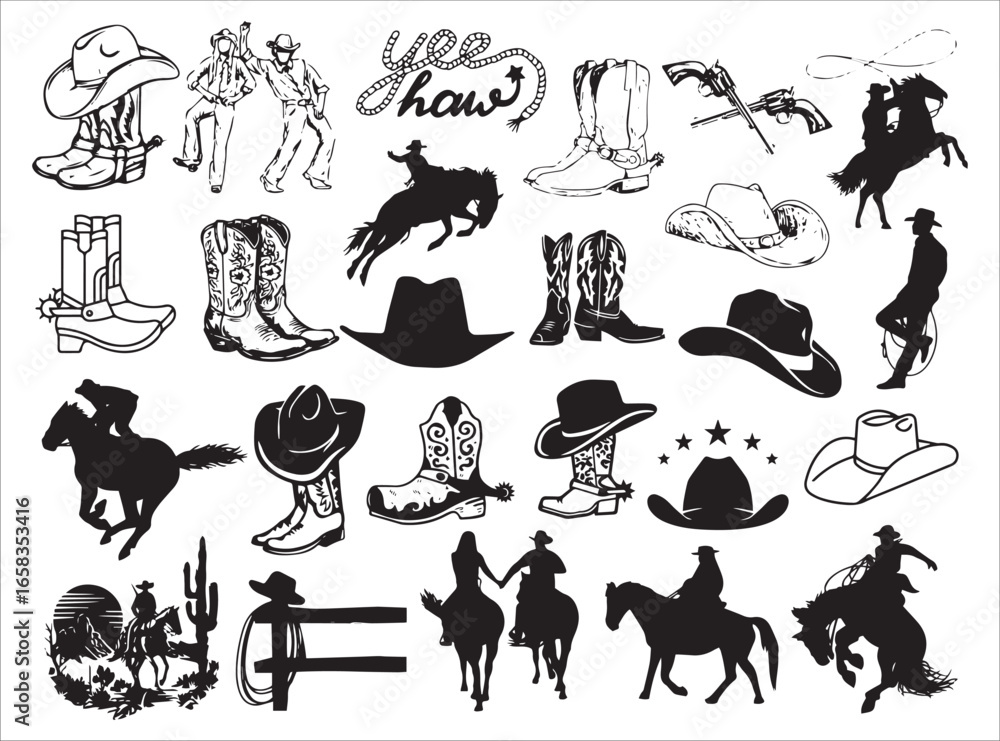 Obraz premium Cowboy and Western Themed Vector Silhouettes Set