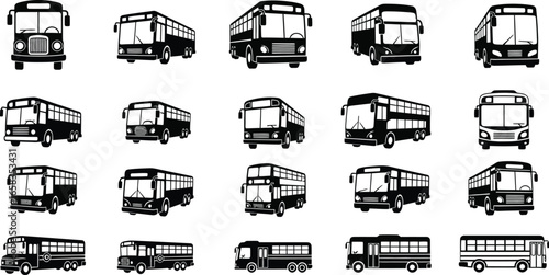Collection of various bus silhouettes for transportation and travel designs