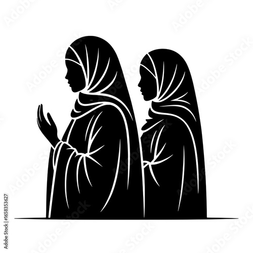 Two Muslim women praying, black silhouette illustration. Monochrome vector graphic of figures in hijab, Islamic prayer pose. Simple, symbolic design for religious, cultural themes. Vector art.