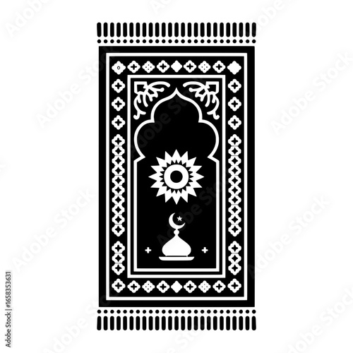 Islamic prayer rug vector illustration with mosque dome, crescent moon, star, sun, geometric patterns and fringe tassels. Monochrome black and white graphic icon of Muslim prayer mat. Religious symbol