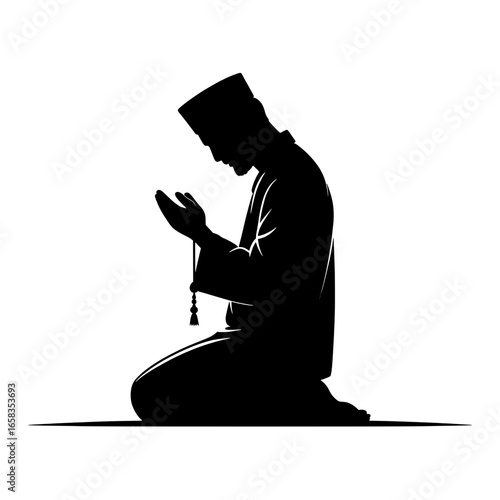 Silhouette illustration of Muslim man praying, Islamic prayer ritual. Monochrome vector graphic featuring man kneeling, hands raised, wearing traditional cap and holding prayer beads. Religious, spiri