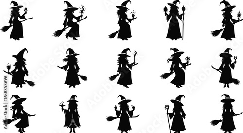 Witch silhouettes with broomsticks and magic for Halloween designs