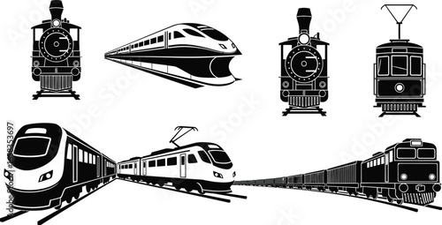Diverse train illustrations for transportation, travel, and industry use