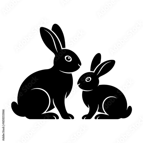 Vector illustration set of two black and white rabbits, adult and baby bunnies, simple line art drawing, monochrome silhouette design elements for Easter, spring, wildlife, or animal themes.