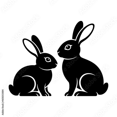Two rabbits, black and white vector illustration. Monochrome bunny silhouette icon set, simple line art drawing of wildlife, pet, Easter animal. Hare graphic design elements, minimalist logo, decorati