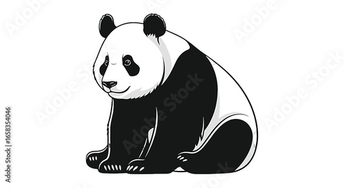 Illustration of a panda bear sitting with black and white fur on a white background looking forward on transparent background