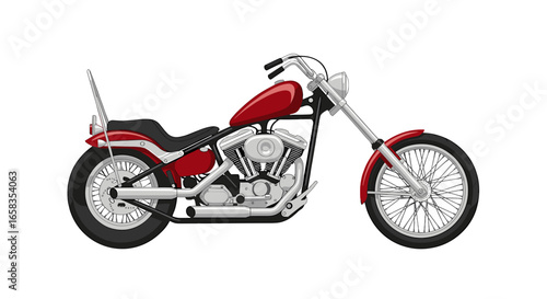 Illustration of a red chopper motorcycle with a sissy bar and detailed engine components shown clearly on transparent background