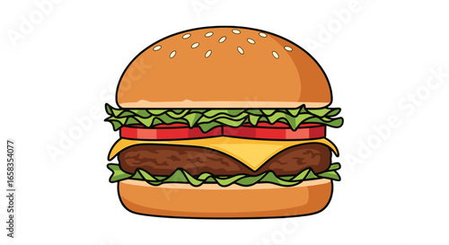 Illustration of a burger with lettuce tomato cheese and a patty on a white background isolated view on transparent background