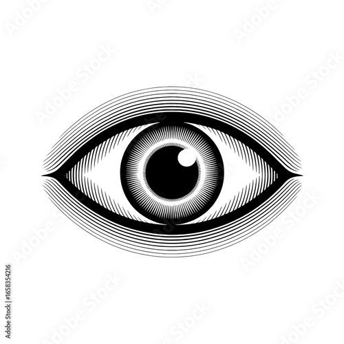Engraved illustration of an eye. Detailed vector graphic, black ink drawing. Vintage style art with lines, pupil, iris and radiating lines. Monochrome design element for vision, sight, or surveillance