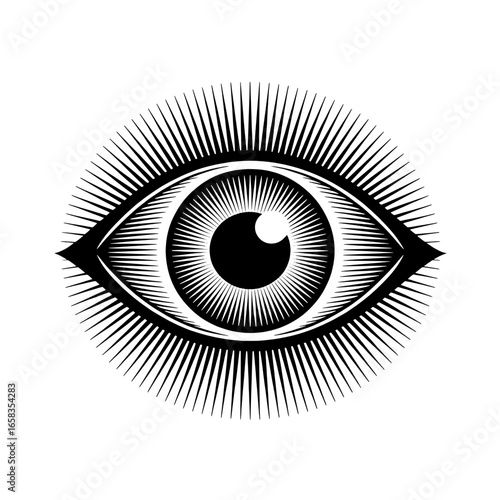All-seeing eye vector illustration with radiating lines. Monochrome, vintage engraving style graphic of an eye with sunburst or starburst effect. Occult, esoteric, providence, conspiracy, spiritual de