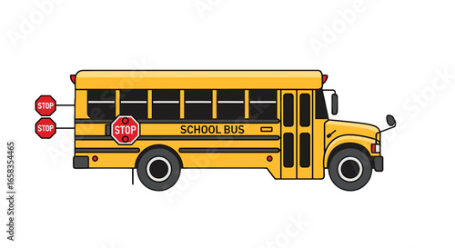Illustration of a yellow school bus with stop signs extended and school bus text on the side of the vehicle on transparent background