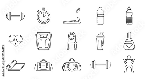 Line art illustration featuring various fitness equipment and accessories in a minimalist style design theme on transparent background