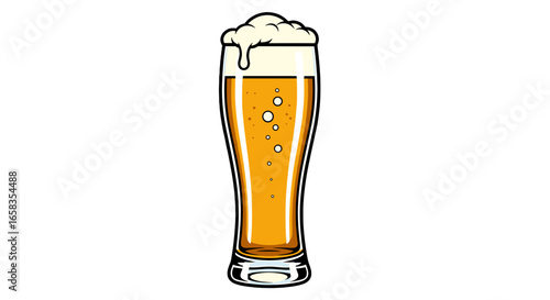 Illustration of a tall pilsner glass filled with golden beer and a frothy white head, isolated on white on transparent background
