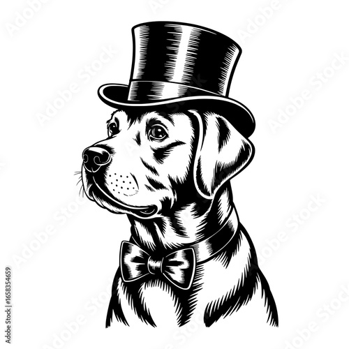 Sophisticated Labrador dog with top hat and bow tie. Monochrome vector illustration, vintage-style, detailed engraving of canine gentleman. Formal pet portrait, black and white line art drawing.