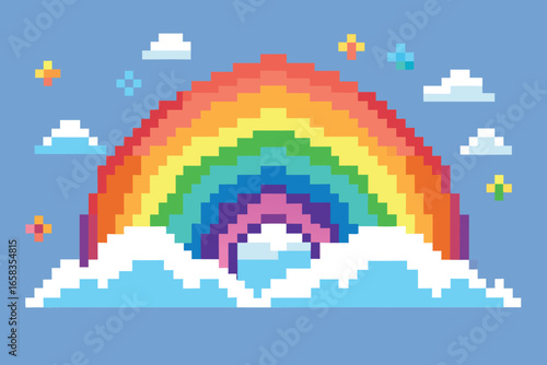 Colorful pixelated rainbow arching above white cloud formation against a light blue sky