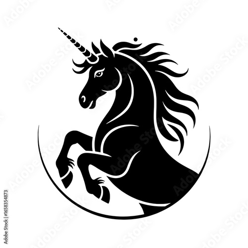 Black and white vector illustration of a unicorn prancing within a circle. Monochrome graphic design element featuring a mythical horse with a spiraled horn, flowing mane, and raised hooves. Symbol of